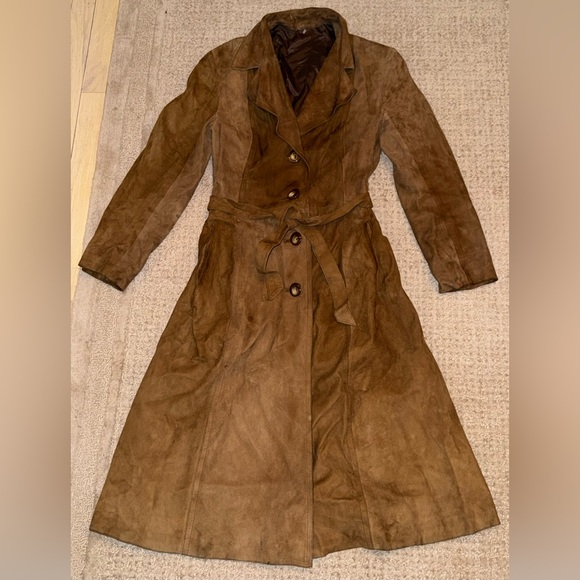 Vintage Brown Suede Leather Trench Coat Belted Long Jacket Size 48 small s - Picture 2 of 13
